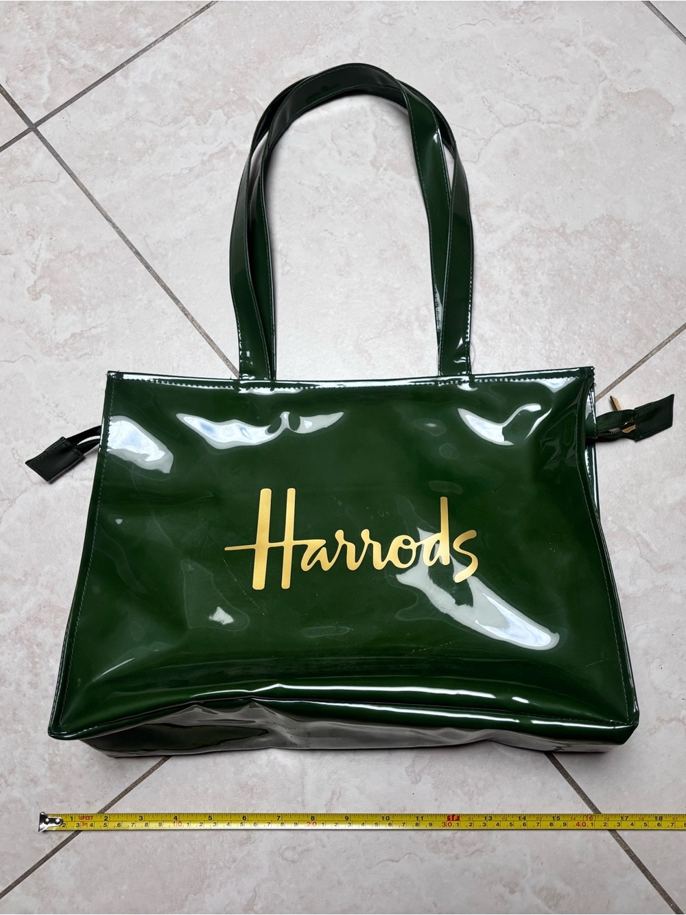 Harrods Glossy Forest Green Tote with Gold Script